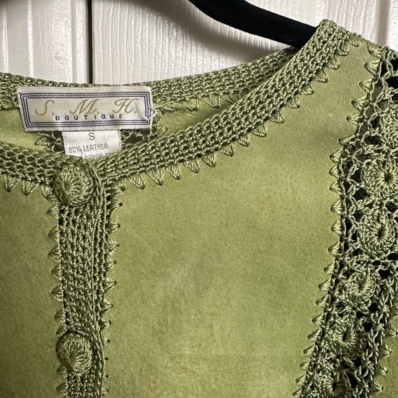 VTG S.M.H. Boutique Green Patchwork Leather & Crochet Cardigan Jacket - Boho - Picture 2 of 6